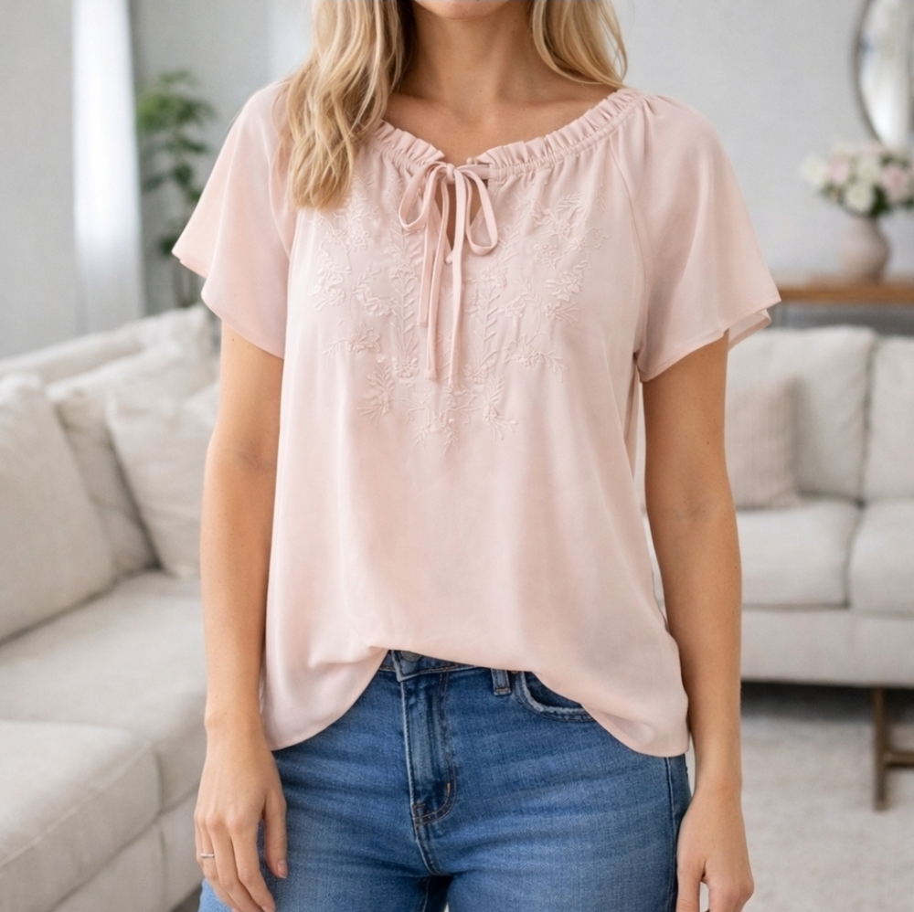 LOFT Blush Embroidered Flutter Sleeve Sheer Blouse - SMALL
